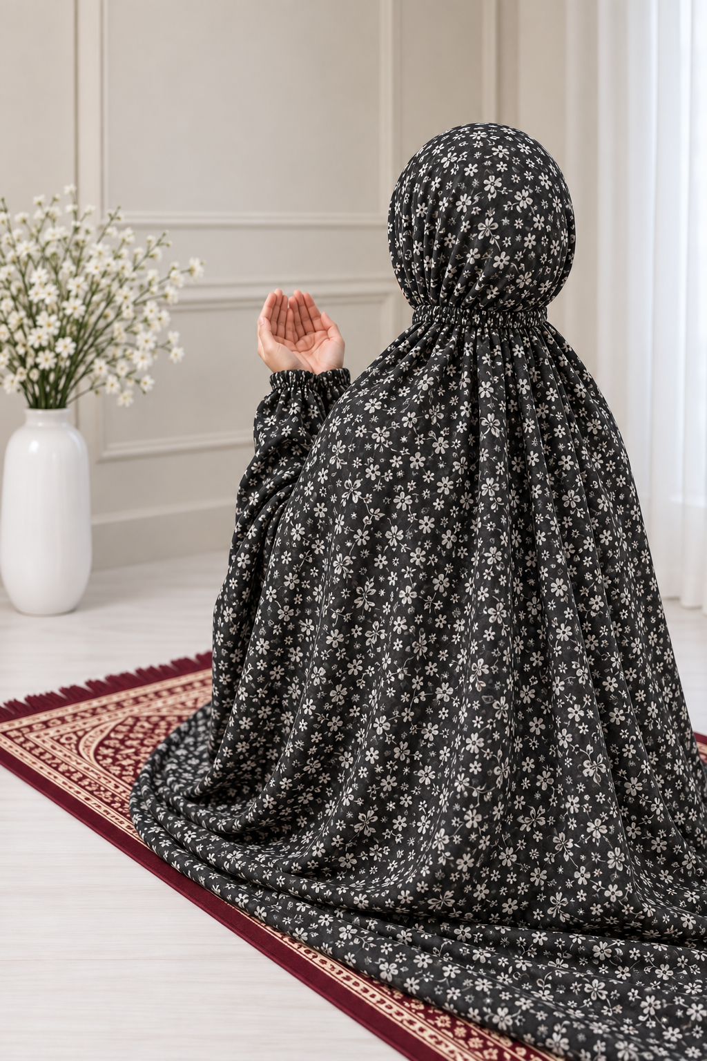 Printed Namaz Chaddar - Black and white floral