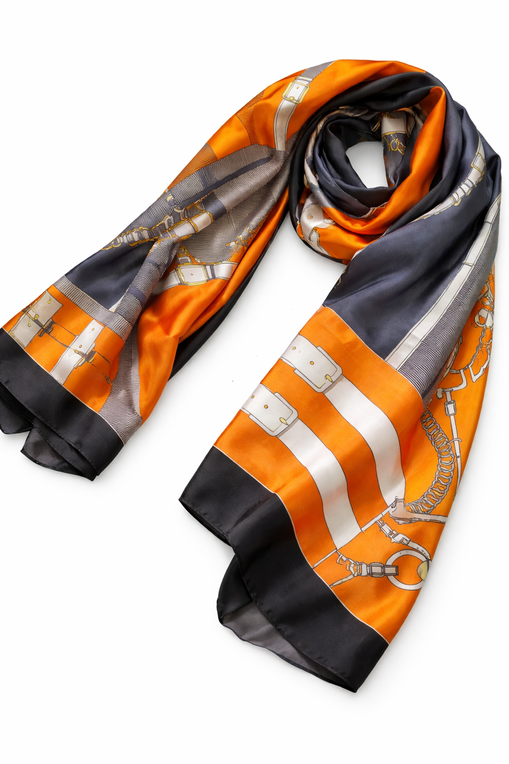 Printed Silk Hijab - Orange & Grey