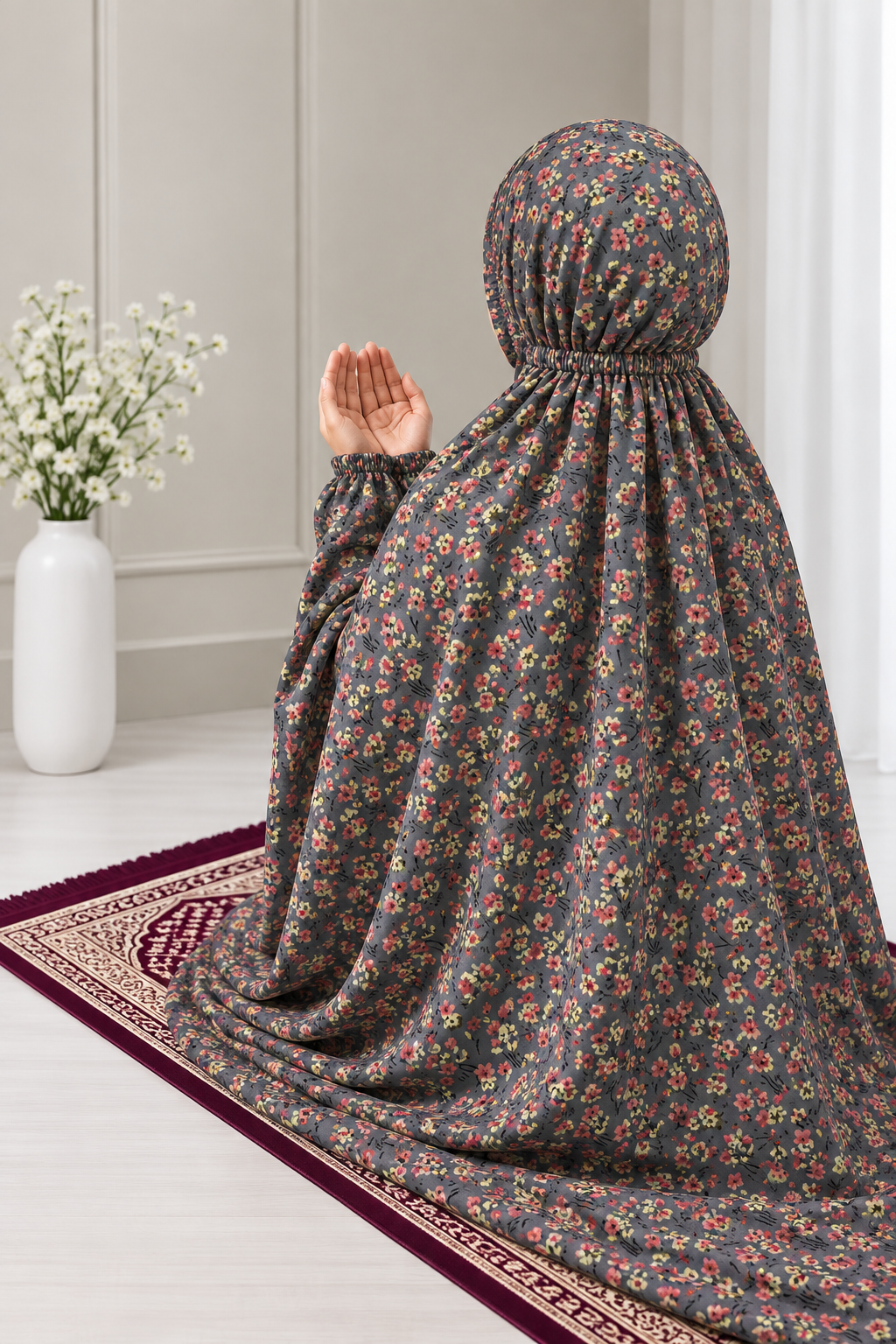 Printed Namaz Chaddar - Floral Charcoal grey