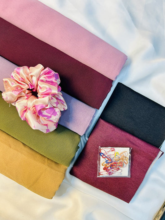 Deal – 5 Chiffon Georgette Premium Hijabs + 2 Tube Caps + Pear Pins + Scrunchie Set