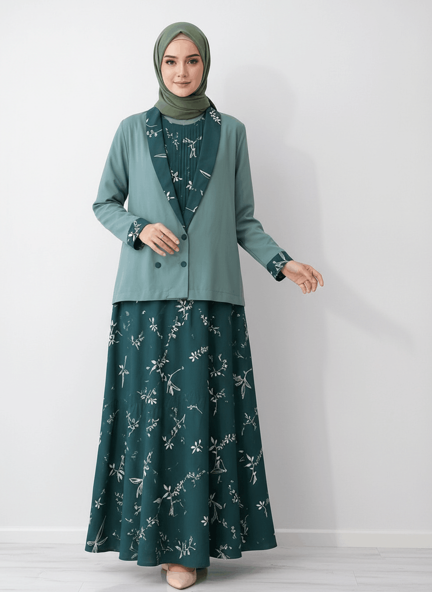 Emerald Veil Coat-Style Modest Dress