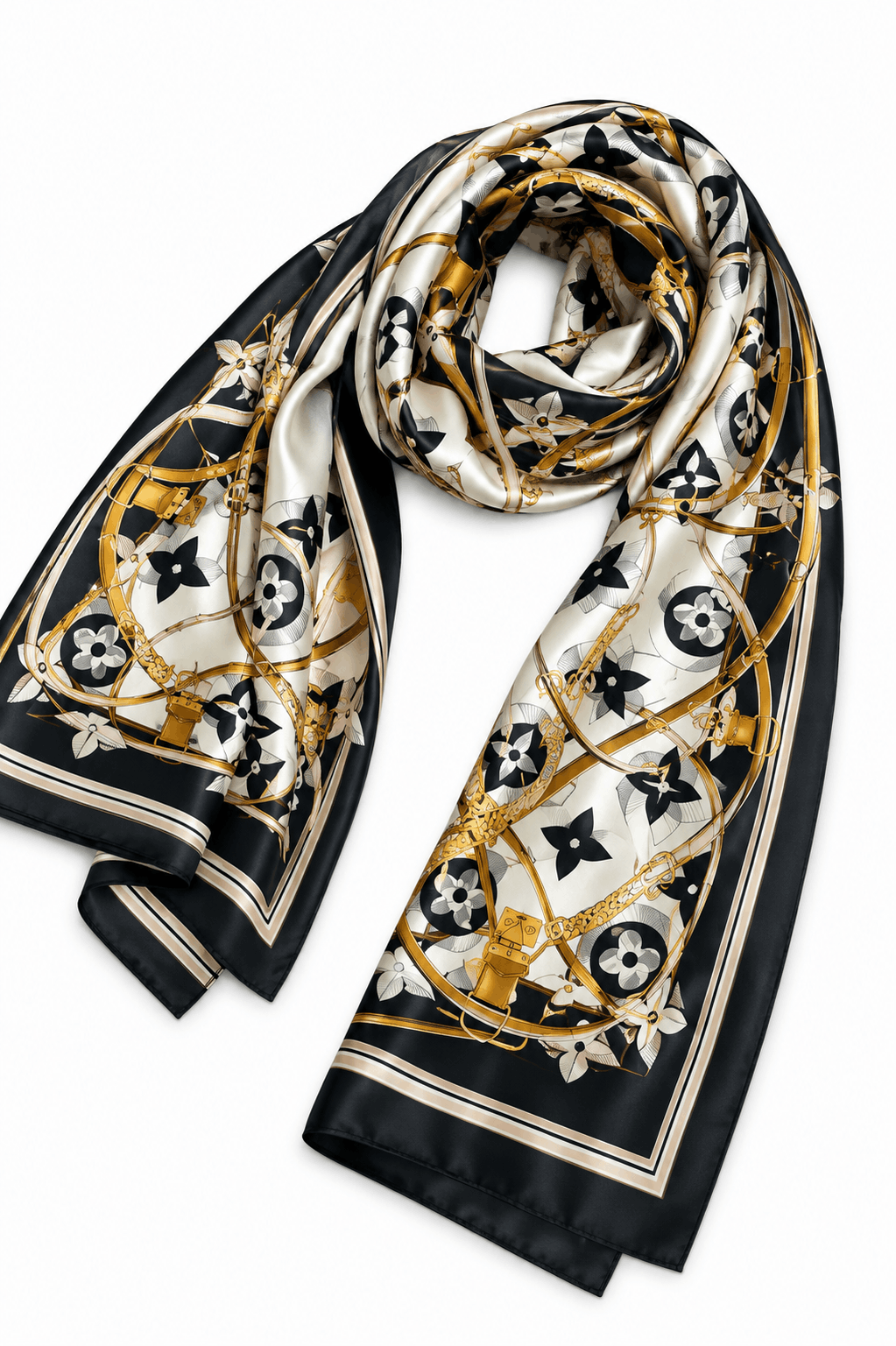 Printed Silk Hijab - Black White & Gold