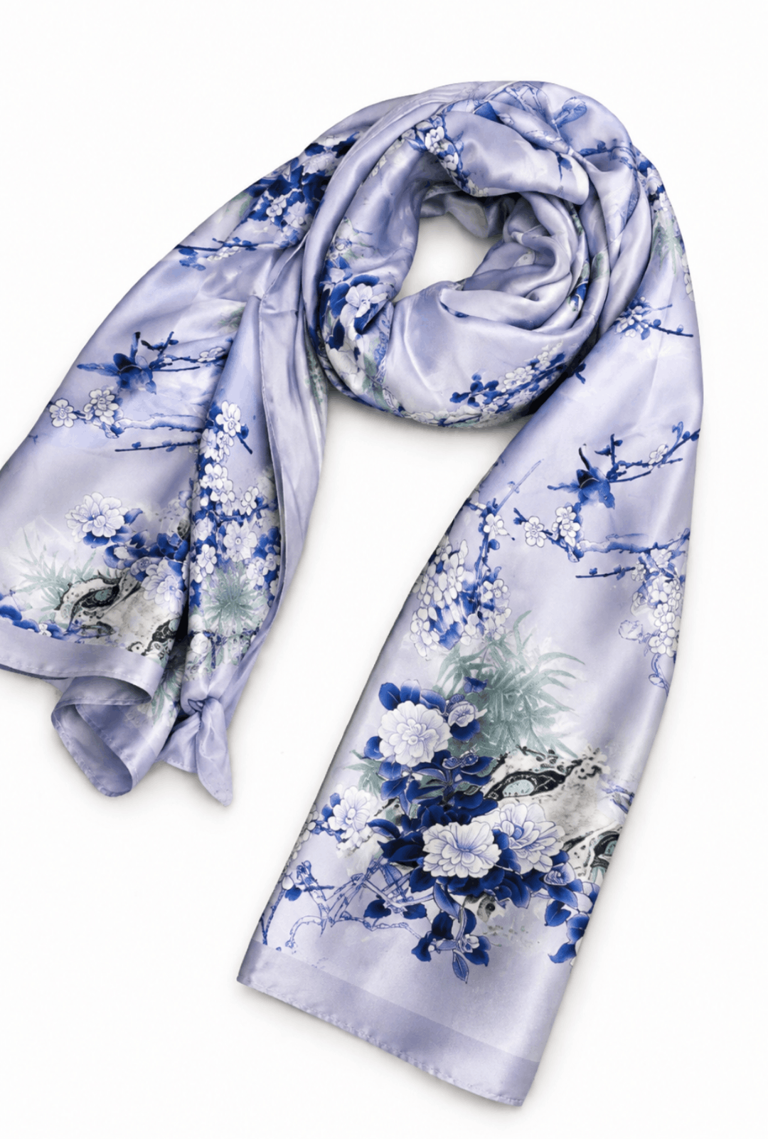 Printed Silk Hijab - Blue Floral Print