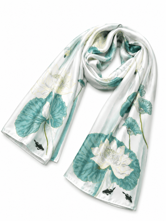 Printed Silk Hijab - Seagreen & White